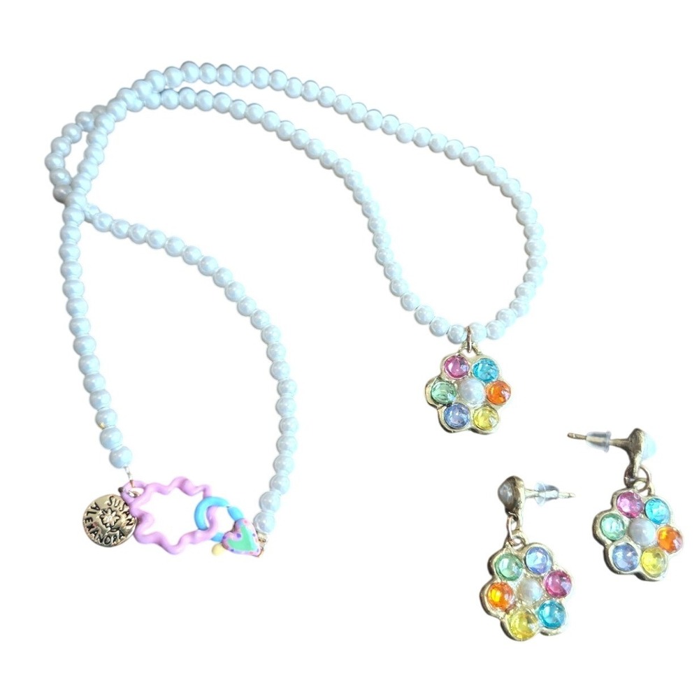 Susan Alexandra Necklace Earring Set Pearl Flower Rhinestone Colorful Whimsical